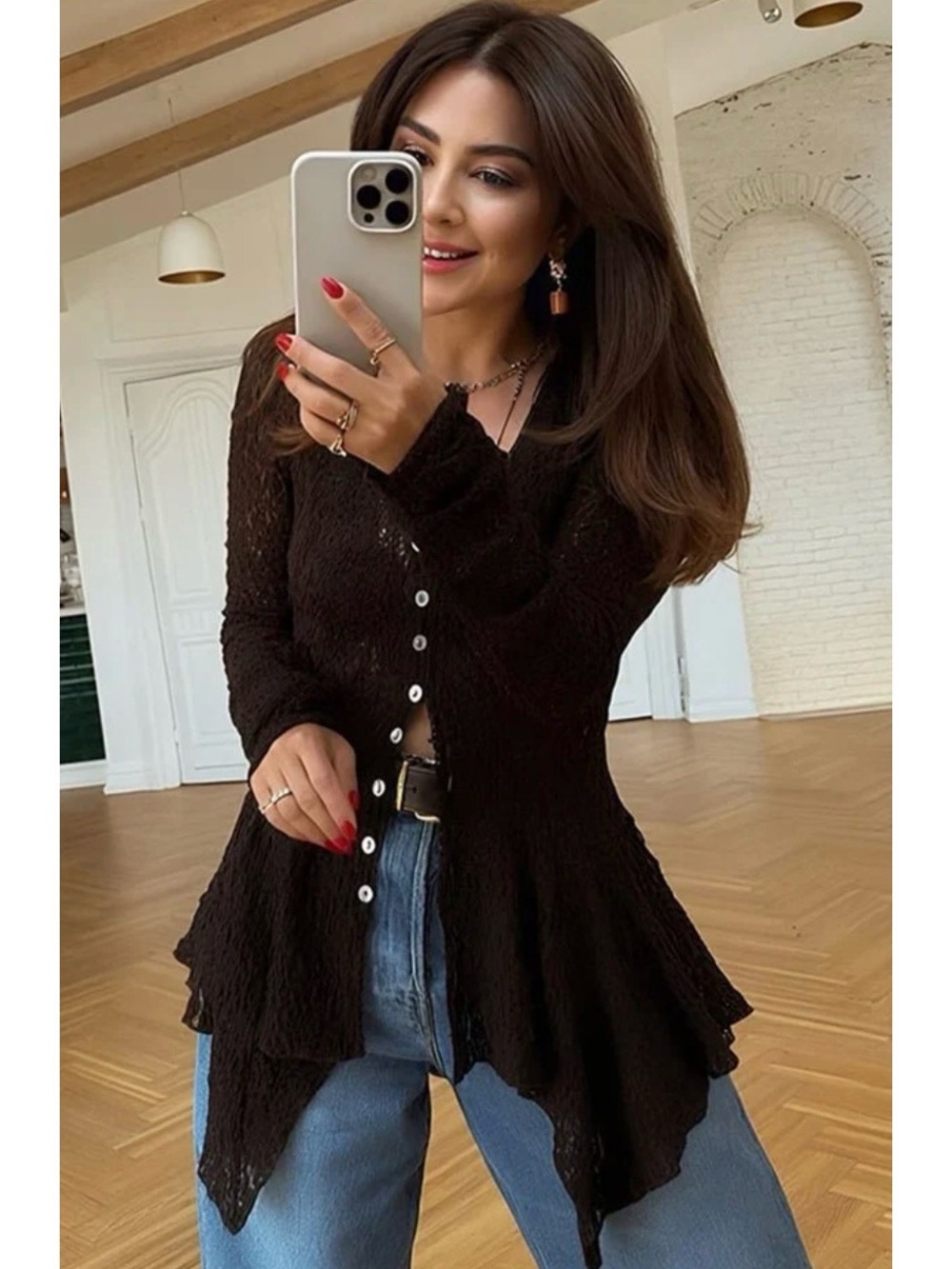 Women’s Black Button-Front Ruffled Hem Top